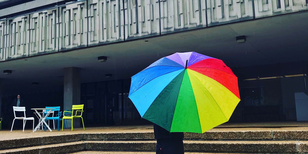 Rainbow umbrella on MSB steps