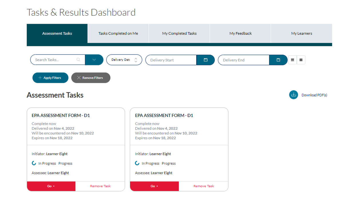 Elentra tasks and results dashboard