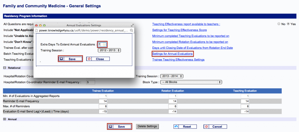 Admin Annual Evaluation Form Settings