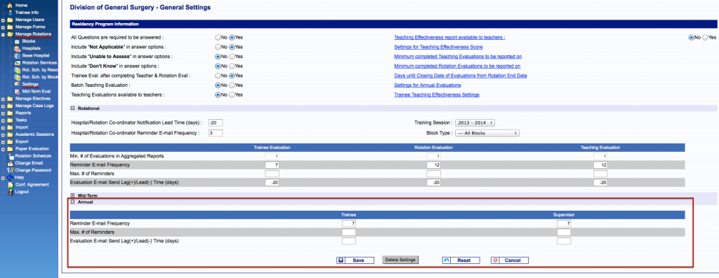 Admin Annual Evaluation Form Settings