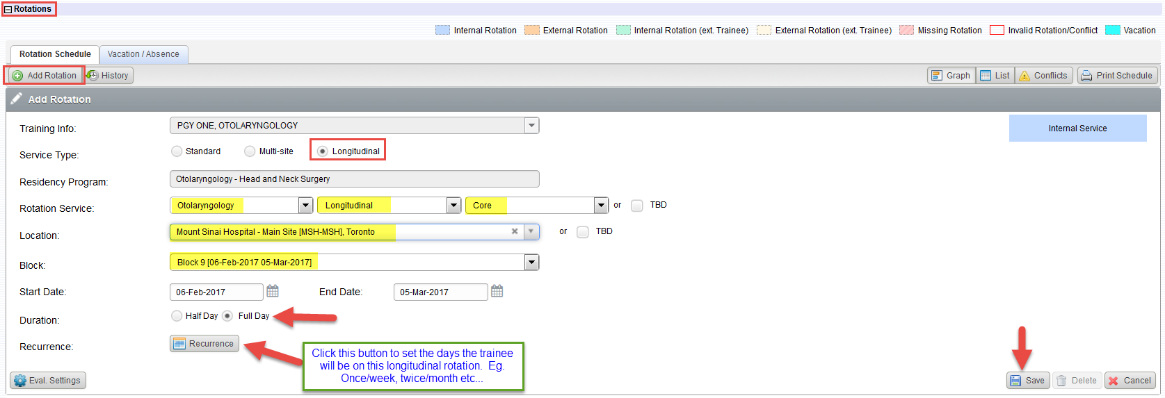 trainee info add longitudinal rotation services