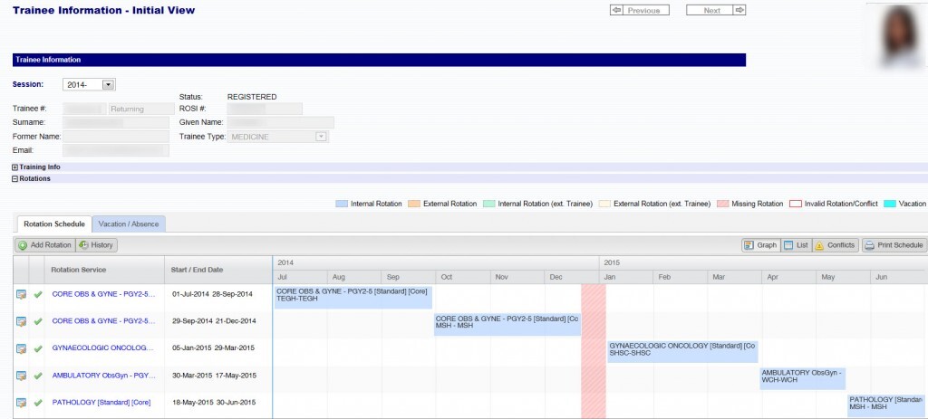trainee information initial view