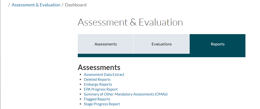 Assessment and Evaluation screen